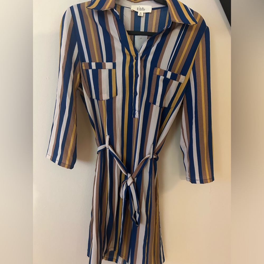 Katella Couture Belted Striped Midi Dress